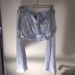Satin of the shoulder blue crop top